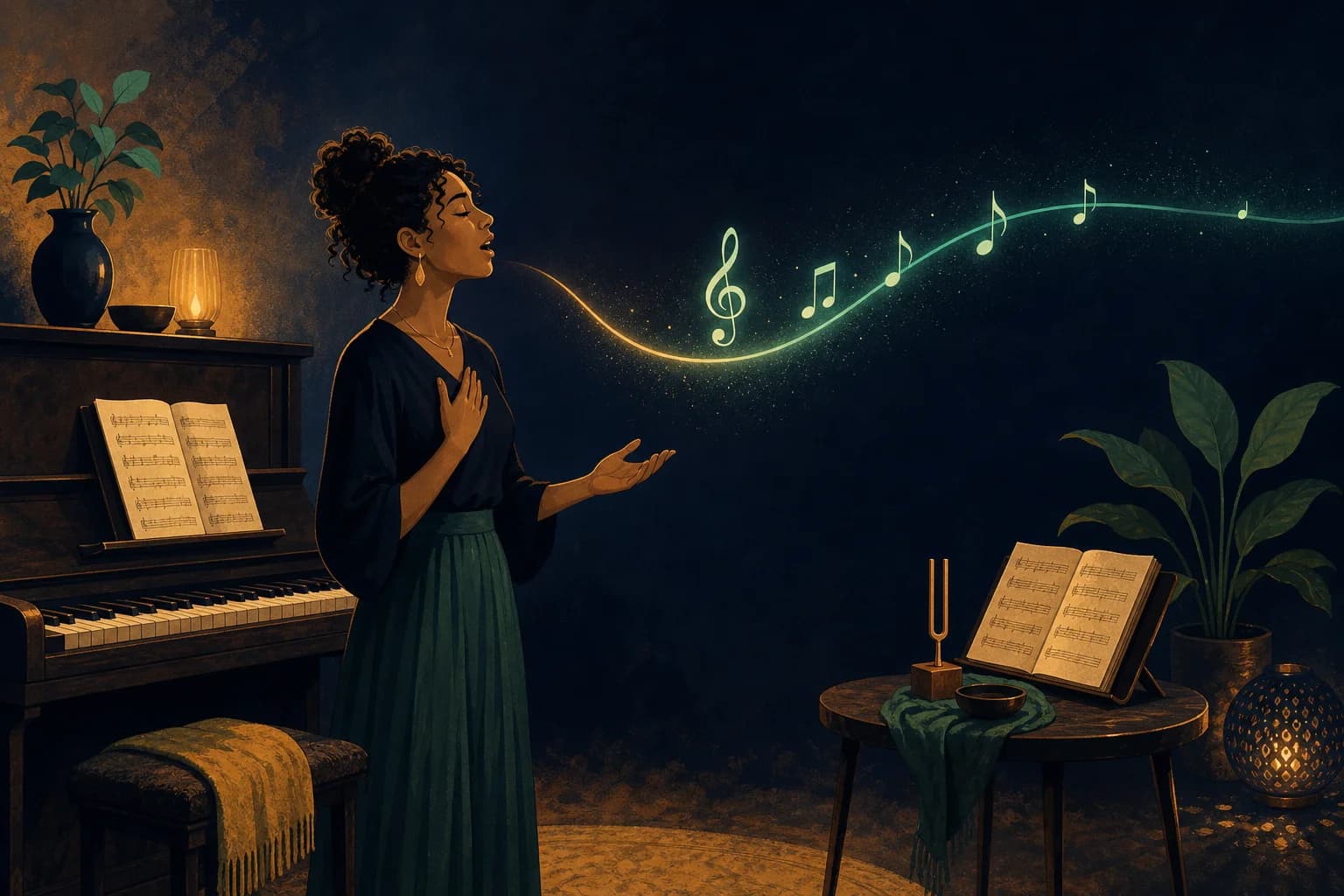 Singer practicing pitch beside a piano with a flowing musical line