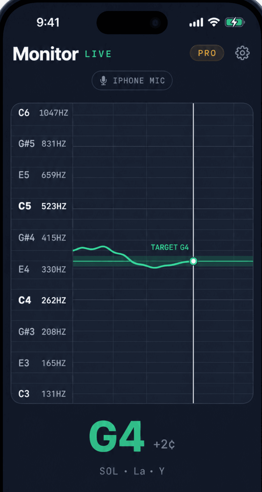 Vocal pitch monitor in Tonarly: live scrolling pitch trace following a voice around G4