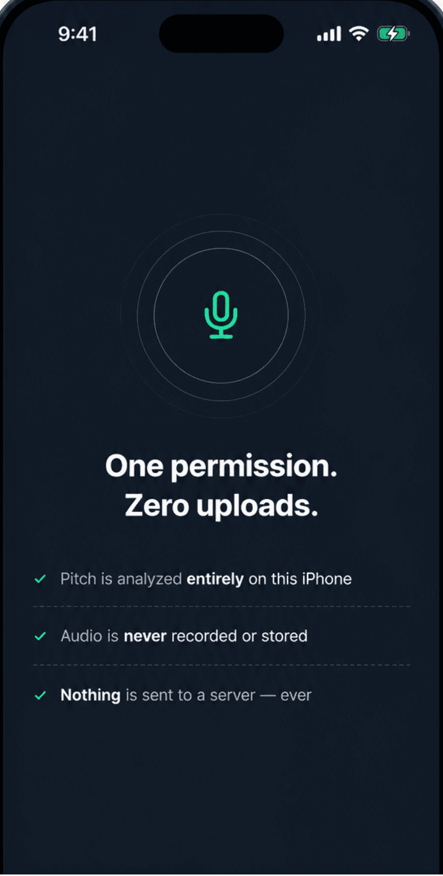 Tonarly privacy screen: one permission, zero uploads — audio analyzed entirely on this iPhone