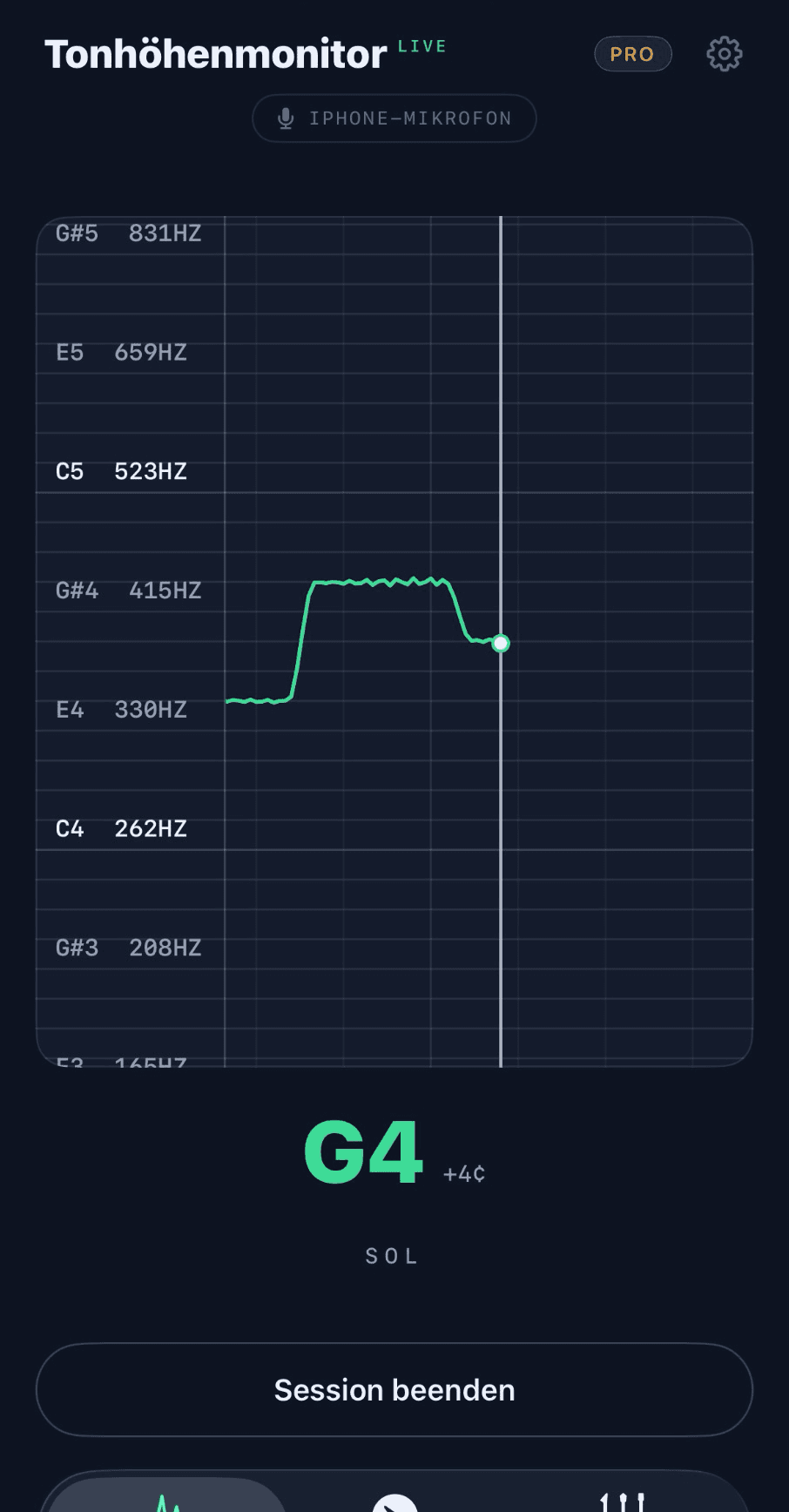 Tonarly-Gesang-Pitchmonitor: live scrollende Pitchspur einer Stimme um G4