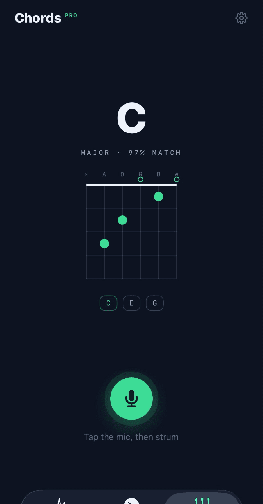 Tonarly Chords tab identifying an E major chord with a guitar fretboard diagram