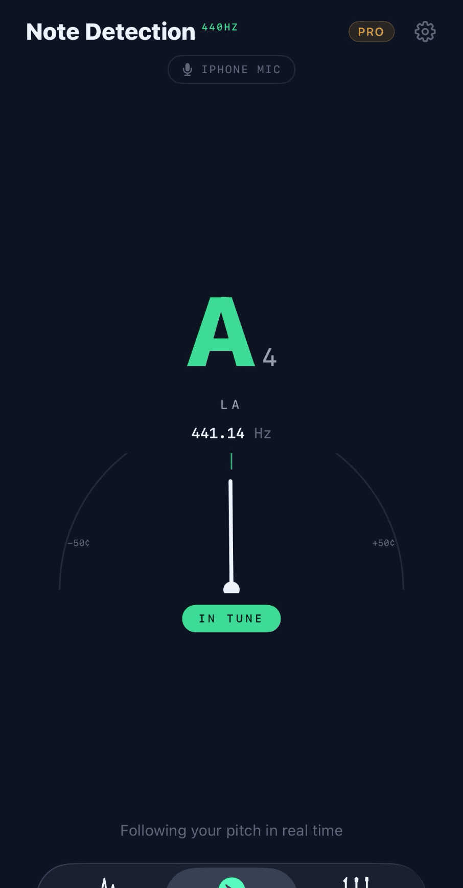 Music note identifier in Tonarly showing A4 at 440.00 Hz, in tune