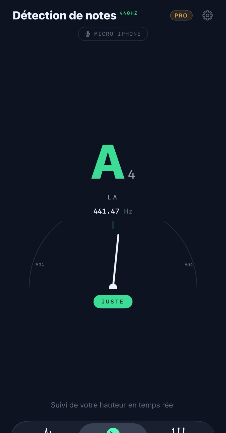 Identificateur de notes Tonarly affichant un A4 à 440,00 Hz, juste