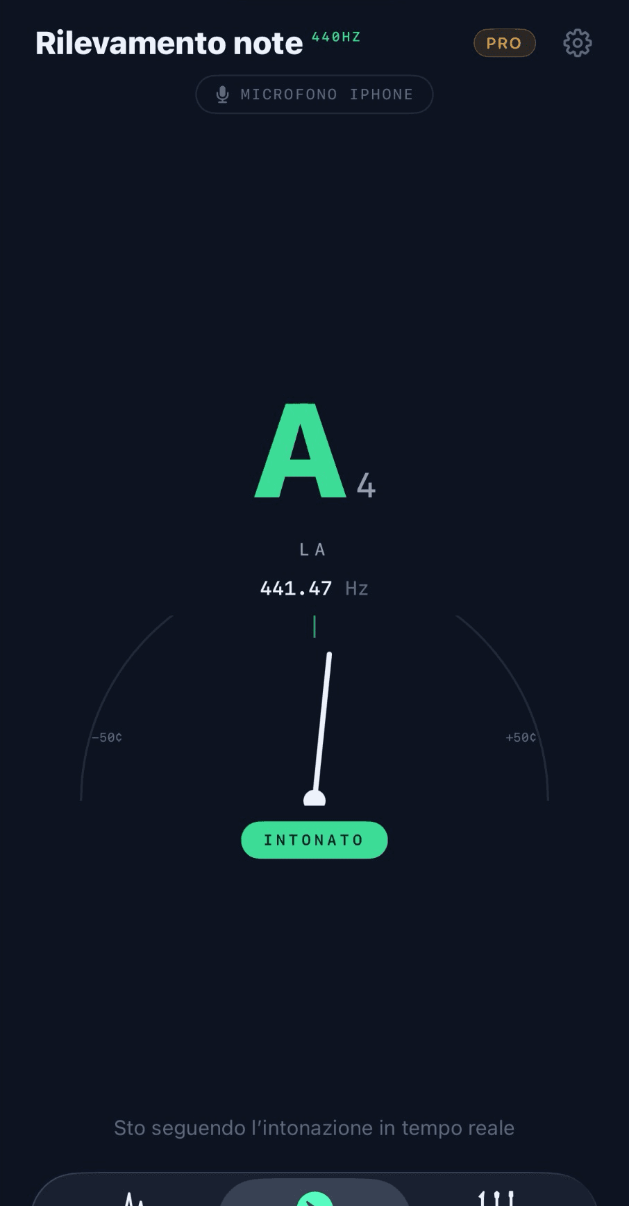 Riconoscimento note Tonarly: A4 a 440,00 Hz, intonato