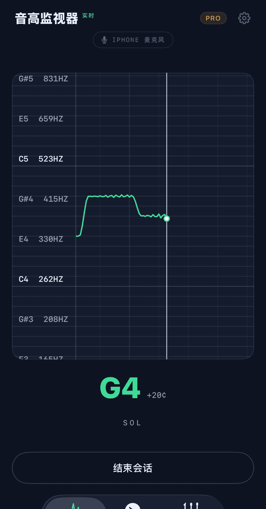 Tonarly 人声音高监视器:实时滚动音高轨迹跟随 G4 附近的人声