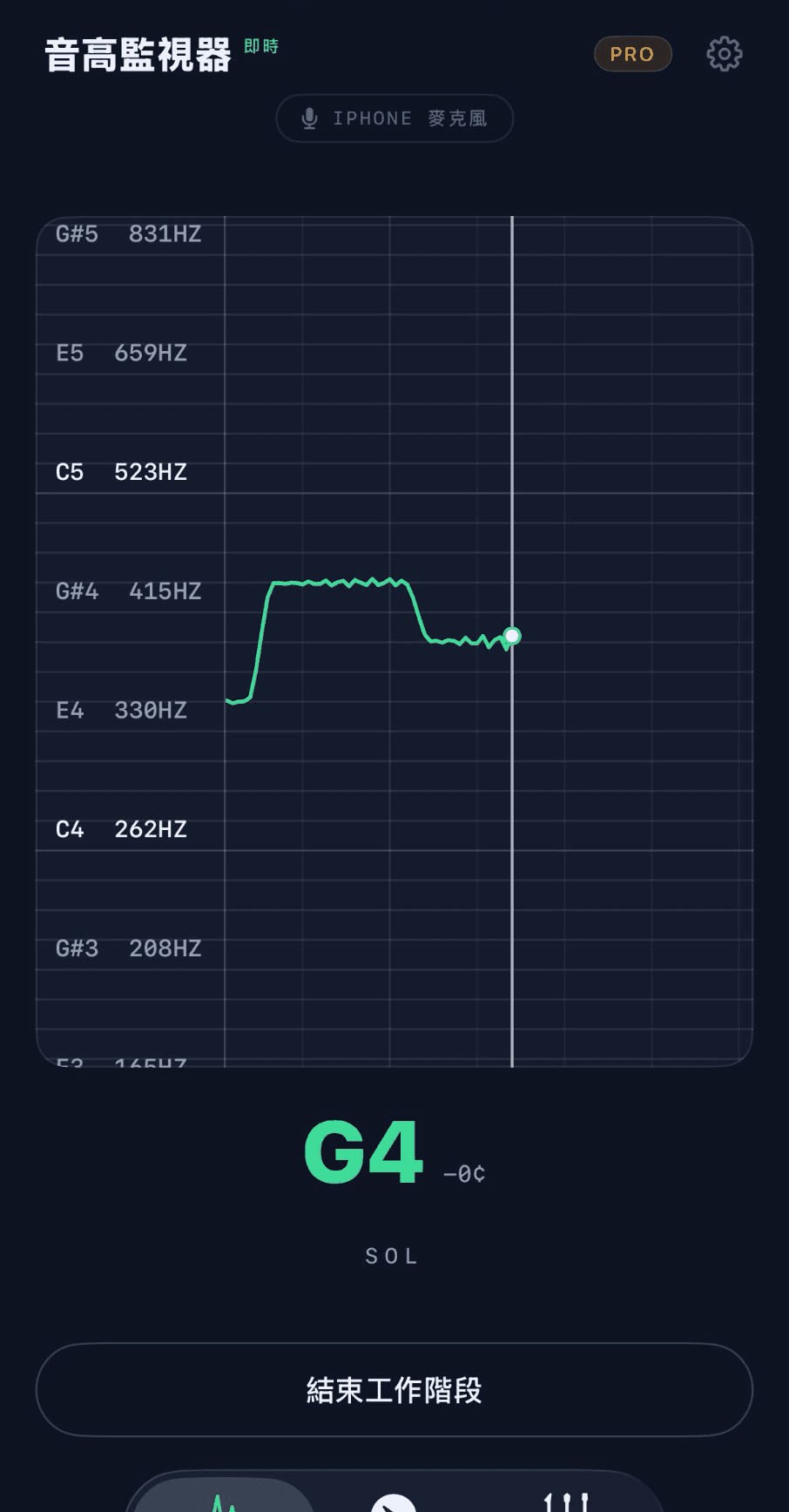 Tonarly 人聲音高監視器:即時捲動音高軌跡跟隨 G4 附近的人聲
